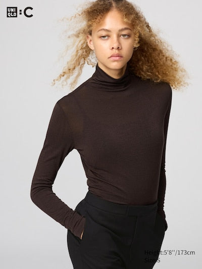 UNIQLO Women's HEATTECH Extra Warm Cashmere Blend Turtleneck T-Shirt - 38 DARK BROWN