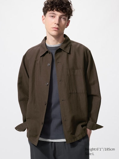 UNIQLO Men's Cotton Linen Blend Shirt Jacket - 38 DARK BROWN