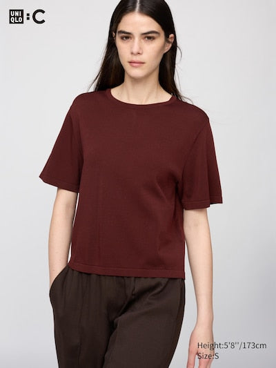 UNIQLO Women's Boxy Knit T-Shirt - 38 DARK BROWN