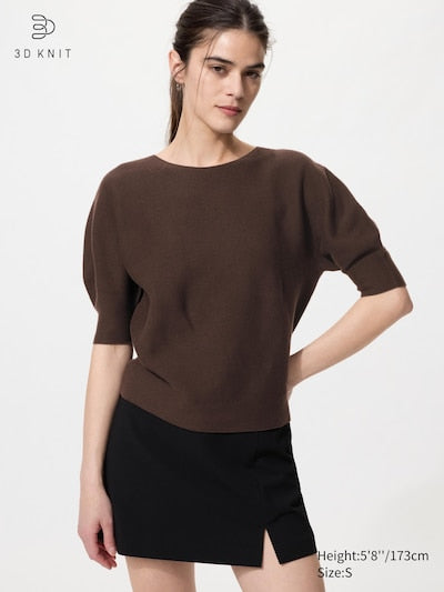 UNIQLO Women's 3D Knit Seamless Cotton Crew Neck Jumper (Short Sleeve) - 38 DARK BROWN
