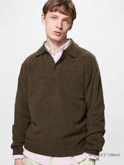 UNIQLO Soufflé Yarn Polo Jumper - 38 DARK BROWN
