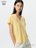UNIQLO Women's 100% Linen V Neck T-Shirt - 42 YELLOW