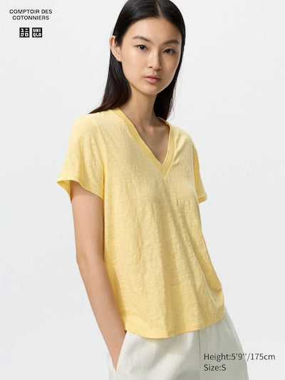 UNIQLO Women's 100% Linen V Neck T-Shirt - 42 YELLOW