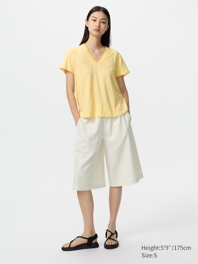 UNIQLO Women's 100% Linen V Neck T-Shirt - 37 BROWN