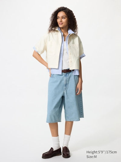 UNIQLO Women's Denim Boxy Shirt (Half Sleeve) - 65 BLUE