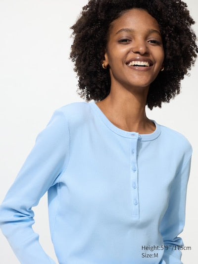 UNIQLO Ribbed Henley Neck Long Sleeve T-Shirt - 01 OFF WHITE
