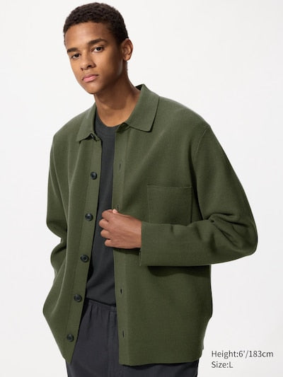 UNIQLO Unisex Milano Ribbed Shirt Collar Cardigan - 56 OLIVE