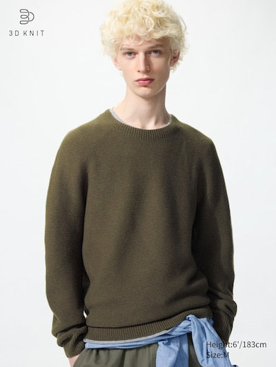 UNIQLO Unisex Washable 3D Knit Seamless Crew Neck Jumper - 57 OLIVE