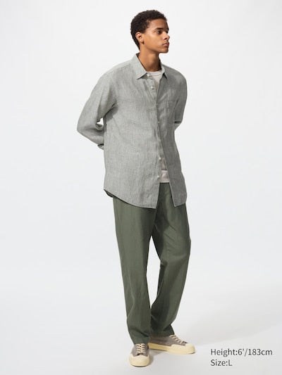 UNIQLO Men's Linen Blend Relaxed Trousers - 57 OLIVE