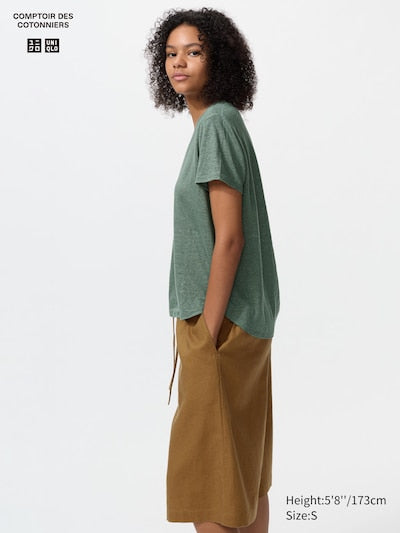 UNIQLO Women's 100% Linen V Neck T-Shirt - 57 OLIVE