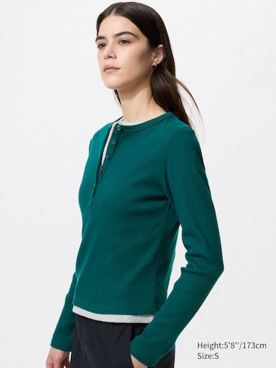 UNIQLO Unisex Ribbed Henley Neck Long Sleeve T-Shirt - 58 DARK GREEN