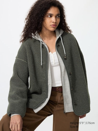UNIQLO Pile Lined Fleece Relaxed Cardigan - 58 DARK GREEN