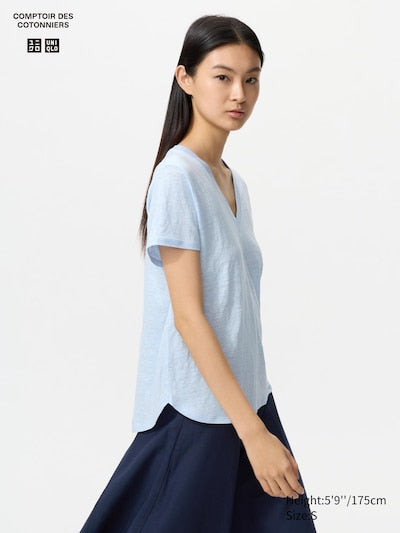 UNIQLO Women's 100% Linen V Neck T-Shirt - 61 BLUE