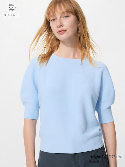 UNIQLO Women's 3D Knit Seamless Cotton Crew Neck Jumper (Short Sleeve) - 61 BLUE