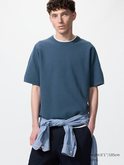 UNIQLO Unisex Washable Milano Ribbed Knitted T-Shirt - 65 BLUE