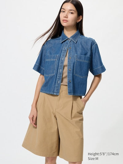 UNIQLO Women's Denim Boxy Shirt (Half Sleeve) - 65 BLUE