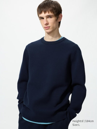 UNIQLO Unisex Washable Milano Ribbed Crew Neck Jumper - 69 NAVY