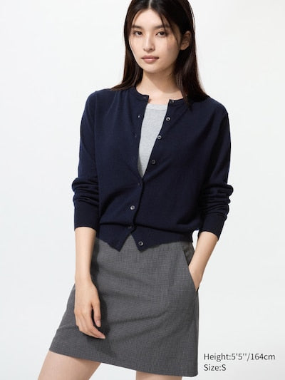UNIQLO Women's 100% Merino Crew Neck Cardigan - 69 NAVY