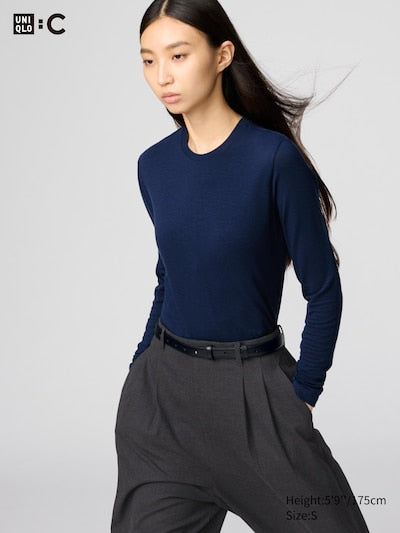 UNIQLO Women's HEATTECH Extra Warm Cashmere Blend Crew Neck T-Shirt - 69 NAVY