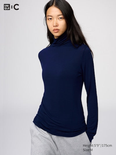 UNIQLO HEATTECH Extra Warm Cashmere Blend Turtleneck T-Shirt (Long Sleeve) - 69 NAVY
