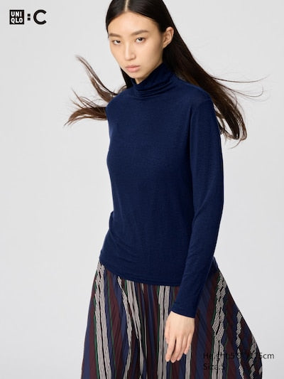 UNIQLO Women's HEATTECH Extra Warm Cashmere Blend Turtleneck T-Shirt - 69 NAVY