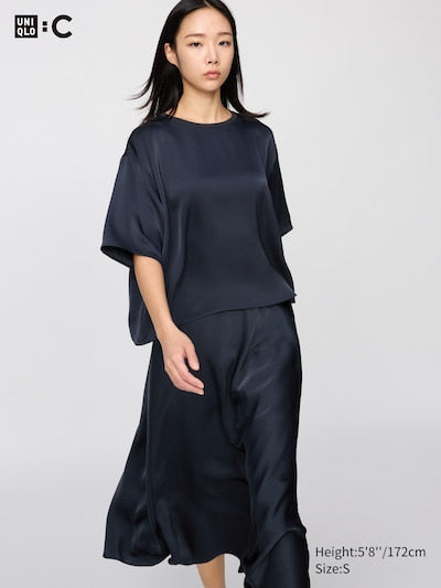 UNIQLO Women's Satin Oversized Short Blouse (Half Sleeve) - 69 NAVY