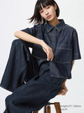 UNIQLO Women's Denim Boxy Shirt (Half Sleeve) - 69 NAVY