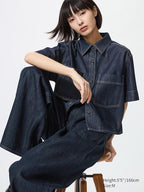 UNIQLO Women's Denim Boxy Shirt (Half Sleeve) - 69 NAVY