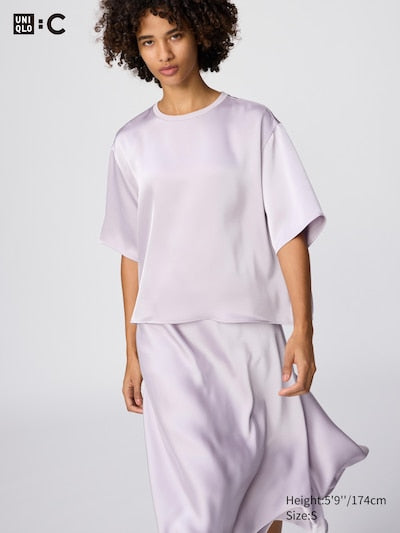 UNIQLO Women's Satin Oversized Short Blouse (Half Sleeve) - 70 LIGHT PURPLE