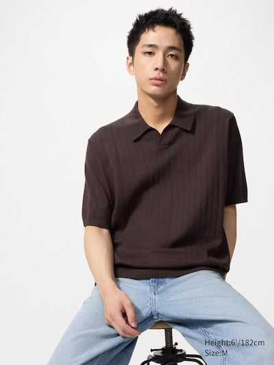 UNIQLO Men's Washable Knit Skipper Polo Jumper - 79 DARK PURPLE