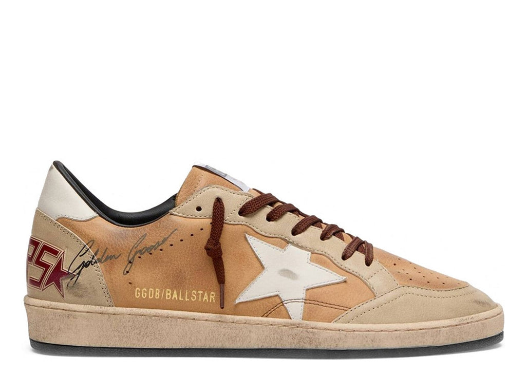 Golden Goose Ball-Star Camel Suede White Star Burgundy Heel Tab