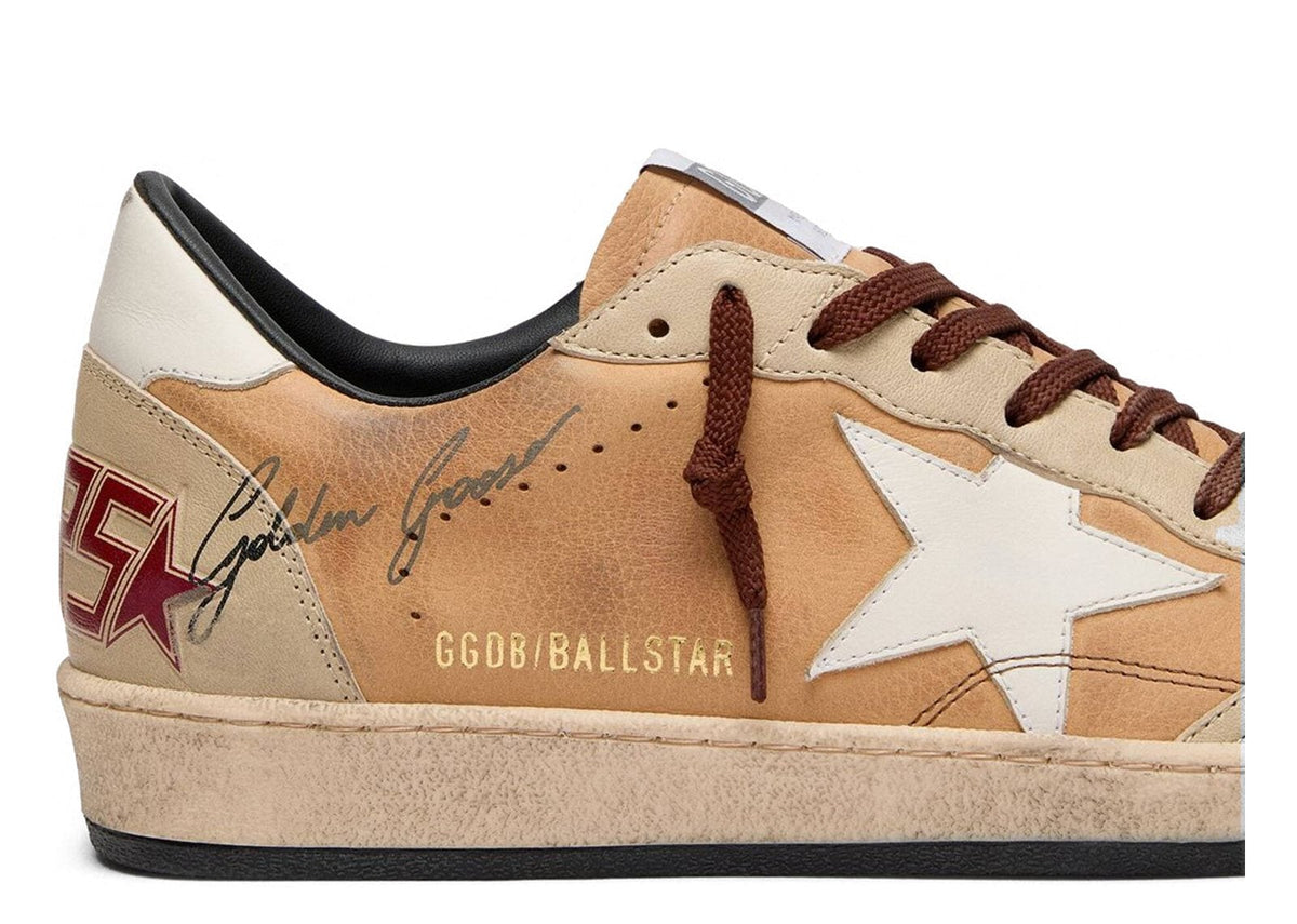 Golden Goose Ball-Star Camel Suede White Star Burgundy Heel Tab