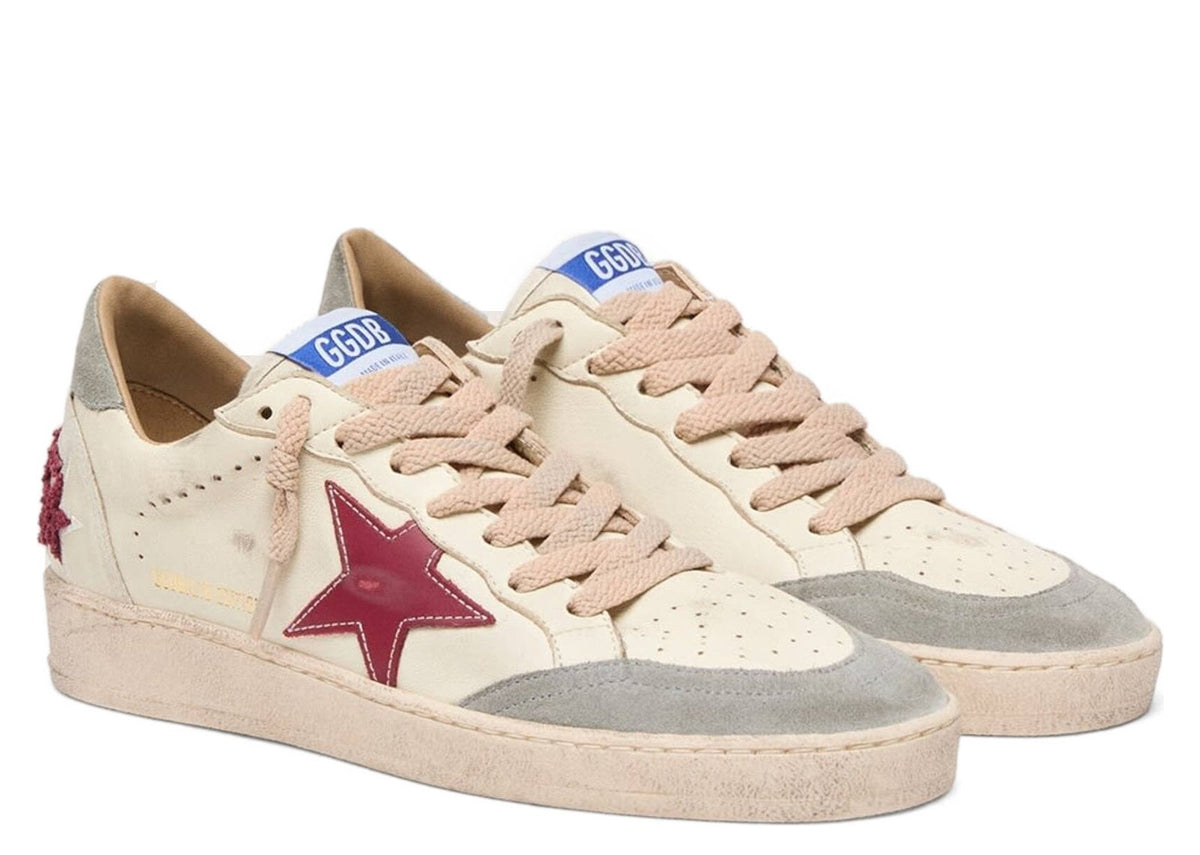 Golden Goose Ball-Star LTD Cream Nappa Burgundy Star Silver Suede Heel Tab (W)