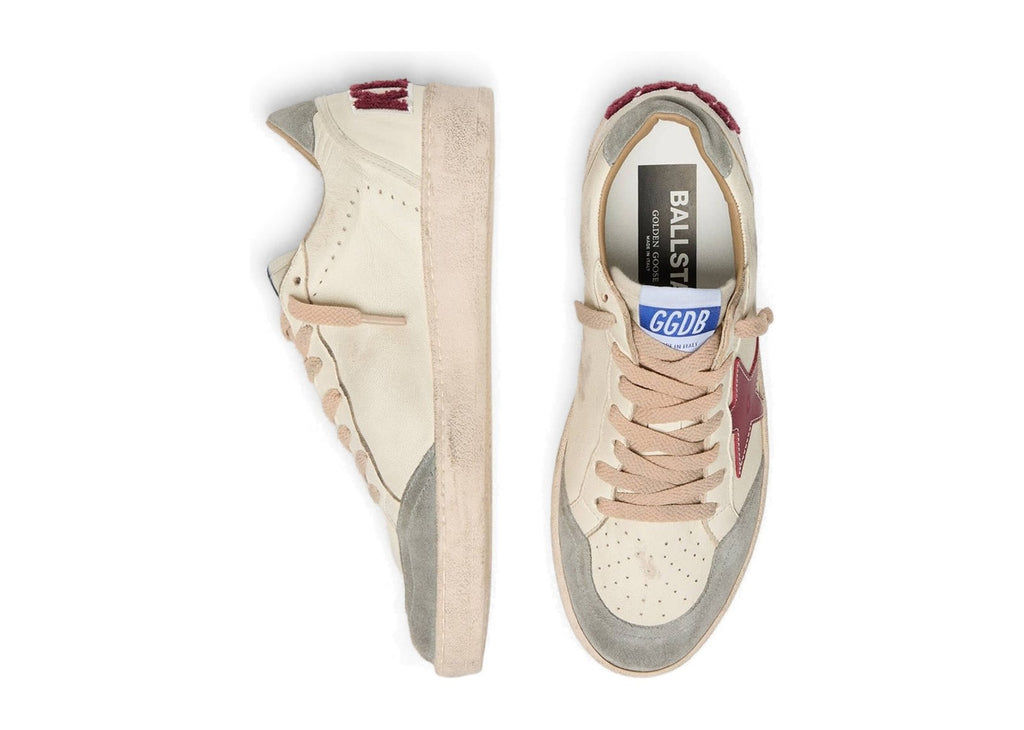 Golden Goose Ball-Star LTD Cream Nappa Burgundy Star Silver Suede Heel Tab (W)
