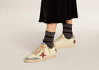Golden Goose Ball-Star LTD Cream Nappa Burgundy Star Silver Suede Heel Tab (W)