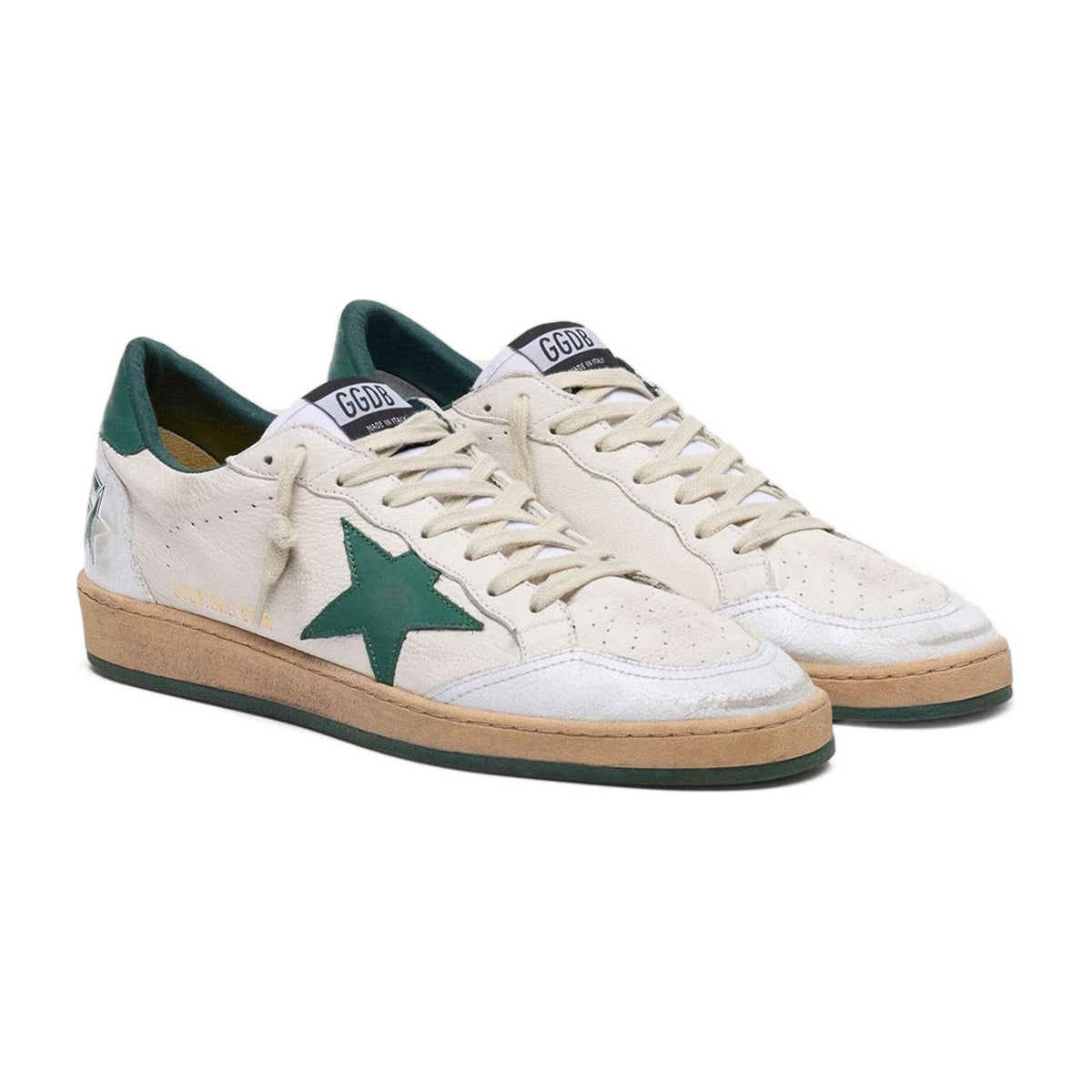 Golden Goose Ball-Star White Nappa Leather Green Leather Star Heel Tab