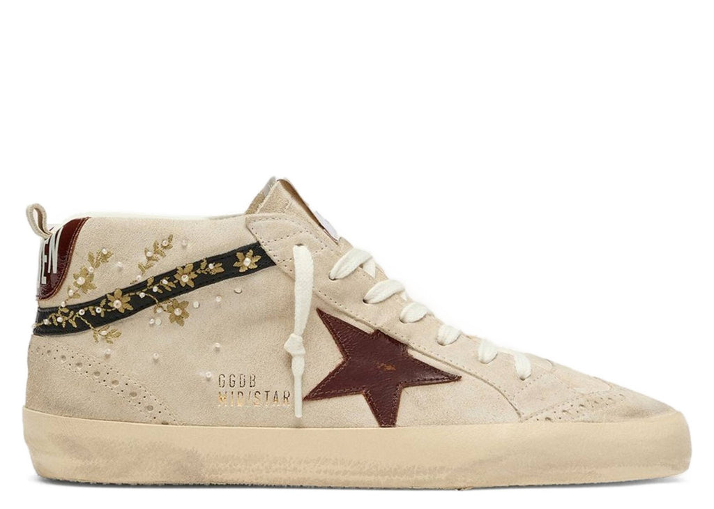 Golden Goose Mid Star Pearl Suede Burgundy Leather Star Embroidery Inserts (W)