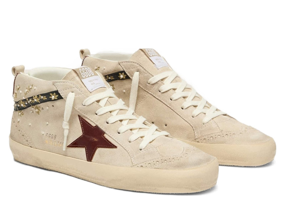 Golden Goose Mid Star Pearl Suede Burgundy Leather Star Embroidery Inserts (W)