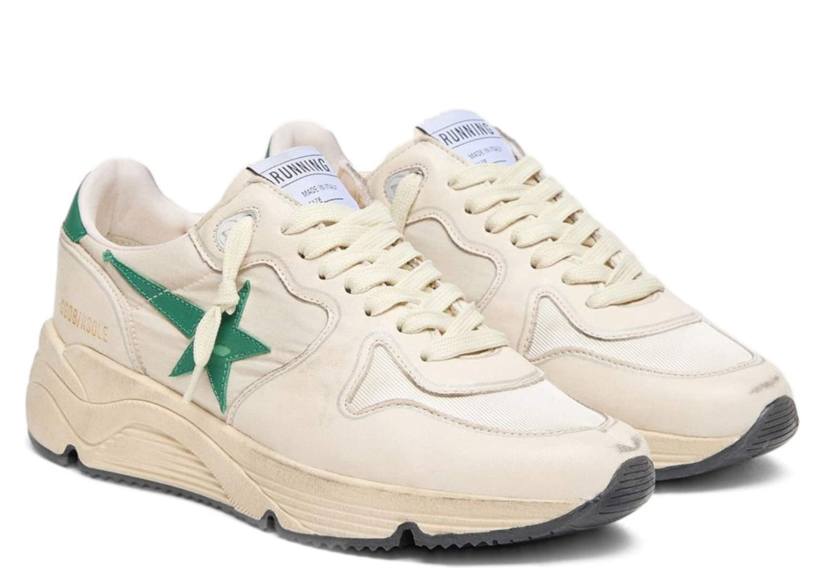 Golden Goose Running Sole Cream Nylon Leather Green Leather Star (W)