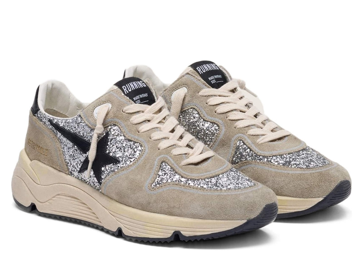 Golden Goose Running Sole Silver Glitter Dove Gray Suede (W)