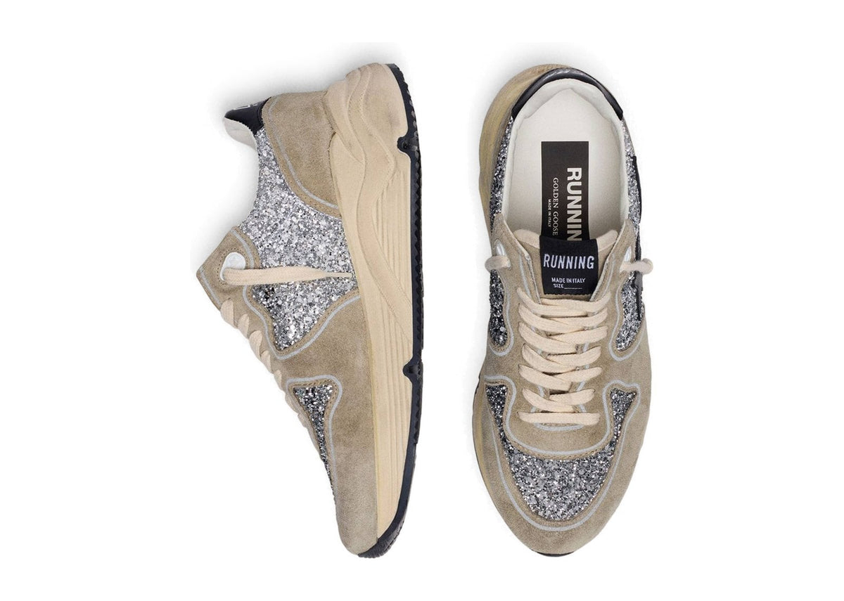 Golden Goose Running Sole Silver Glitter Dove Gray Suede (W)