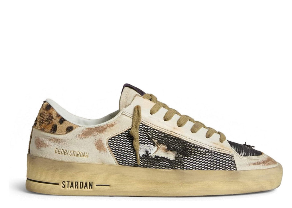 Golden Goose Stardan Beige Nappa Mesh Leopard-Print Pony Skin Heel Tab (W)