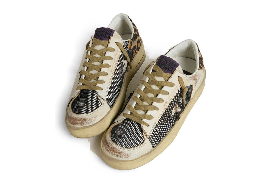 Golden Goose Stardan Beige Nappa Mesh Leopard-Print Pony Skin Heel Tab (W)