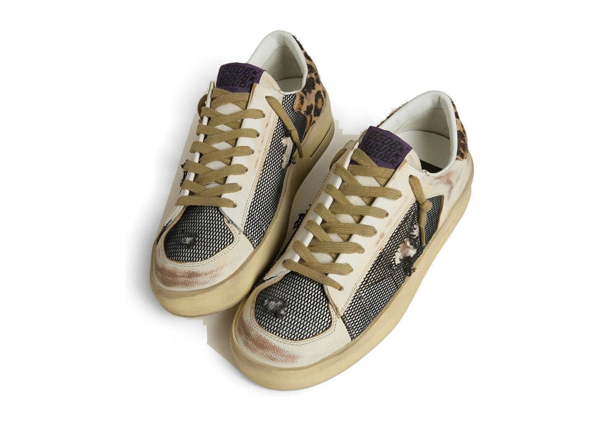 Golden Goose Stardan Beige Nappa Mesh Leopard-Print Pony Skin Heel Tab (W)