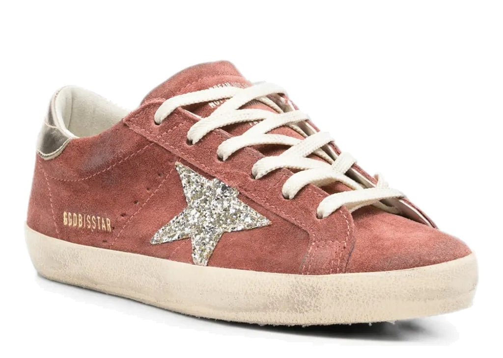 Golden Goose Super-Star LTD Red Suede Silver Glitter Star Laminated Leather Heel Tab (W)