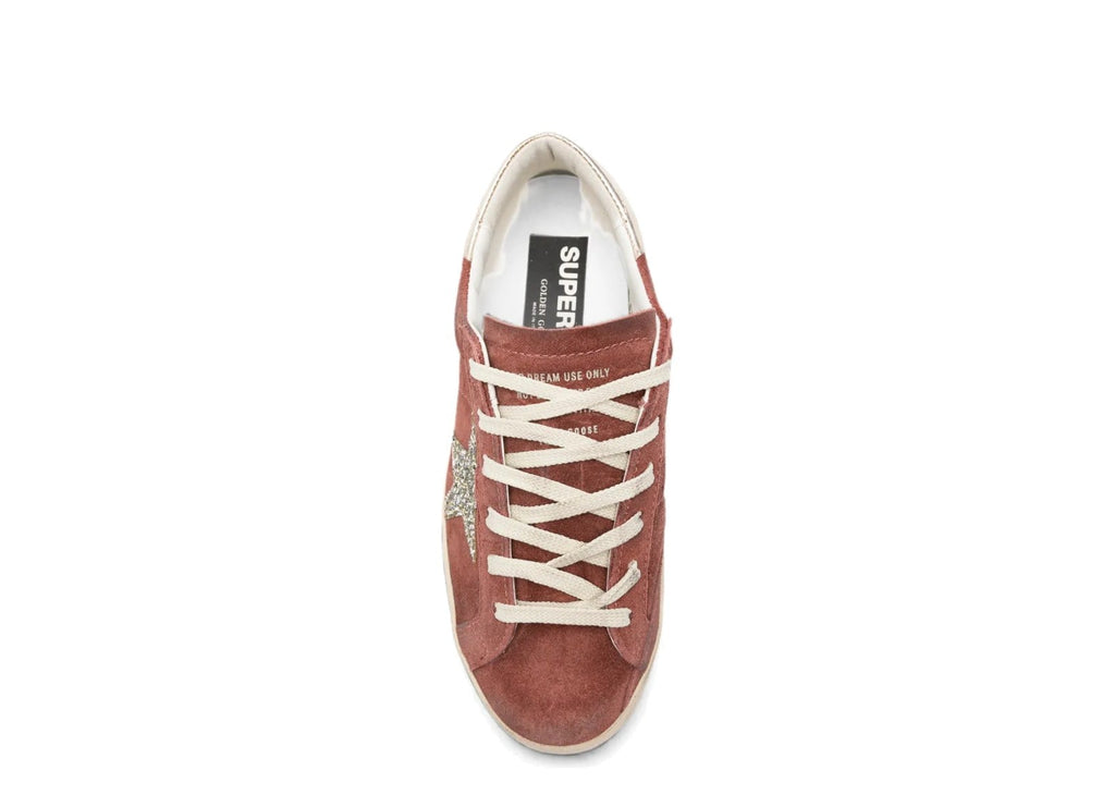 Golden Goose Super-Star LTD Red Suede Silver Glitter Star Laminated Leather Heel Tab (W)