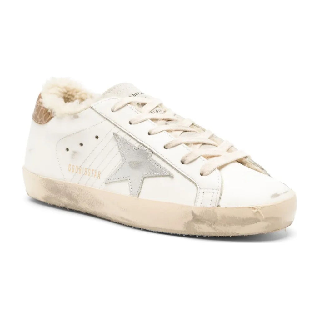 Golden Goose Super-Star Silver Leather Star Beige Croc Heel Tab (W)