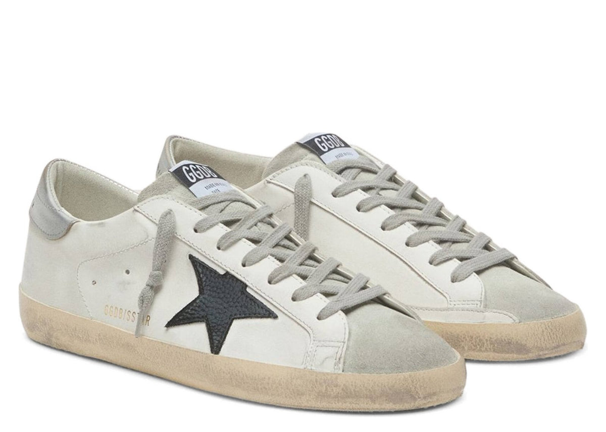 Golden Goose Super-Star White Leather Black Nubuck Star Silver Metallic Leather Heel Tab (M)