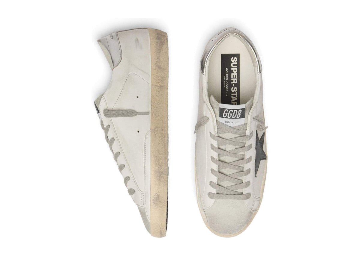 Golden Goose Super-Star White Leather Black Nubuck Star Silver Metallic Leather Heel Tab (M)