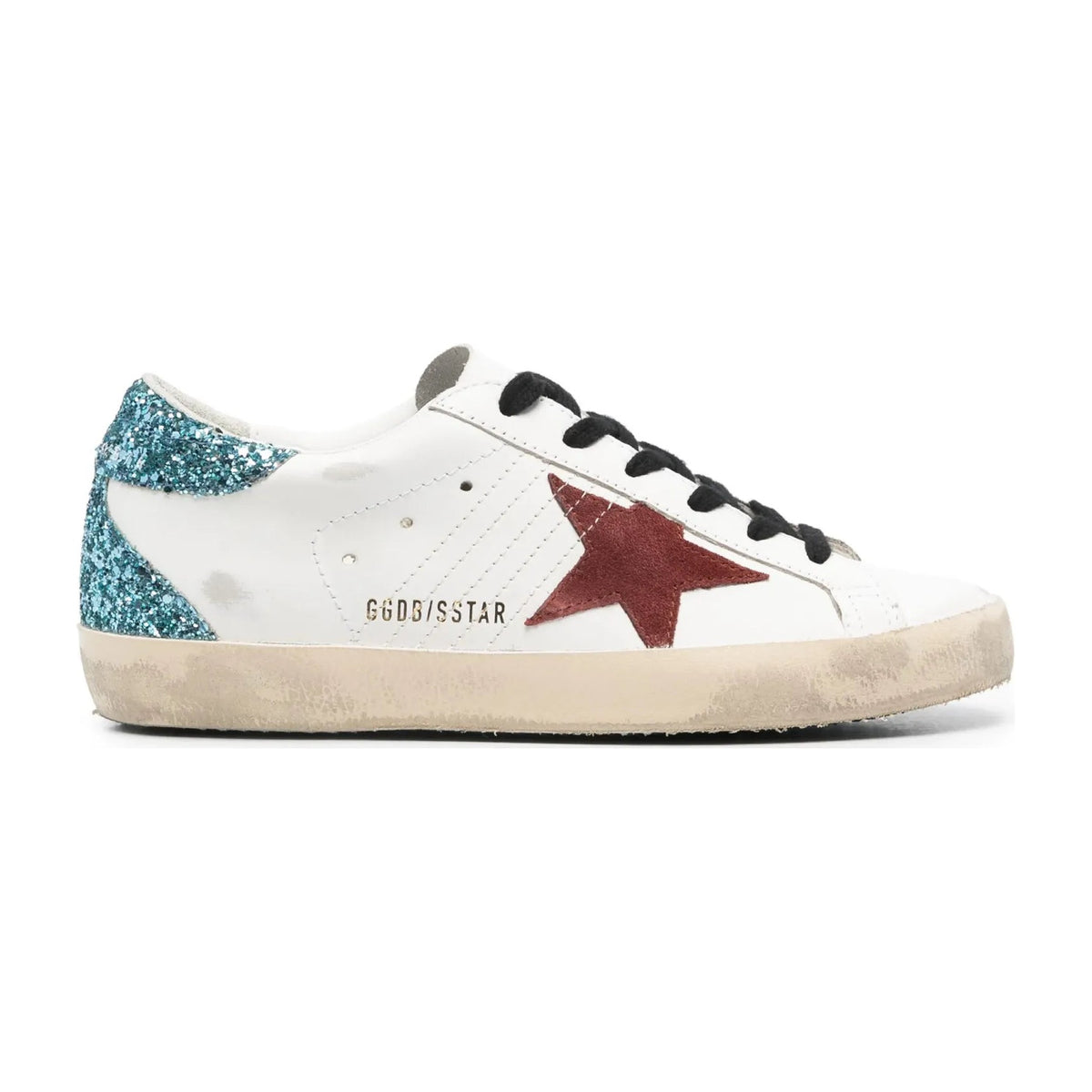 Golden Goose Super-Star White Leather Burgundy Star Blue Glitter Heel (W)